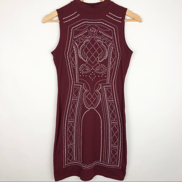 Say What? Body Con Rhinestone Maroon Sleeveless Mock-neck Dress - Picture 3 of 12